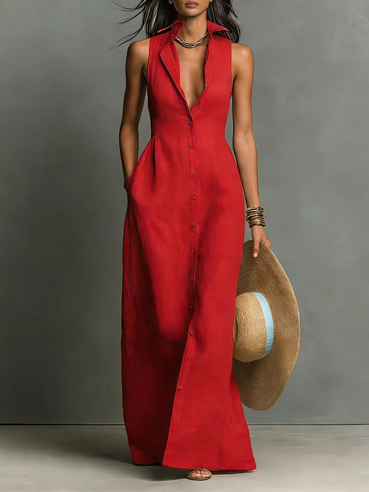 Effortless Shirt Dress for Women Sleeveless Collared Button-Front