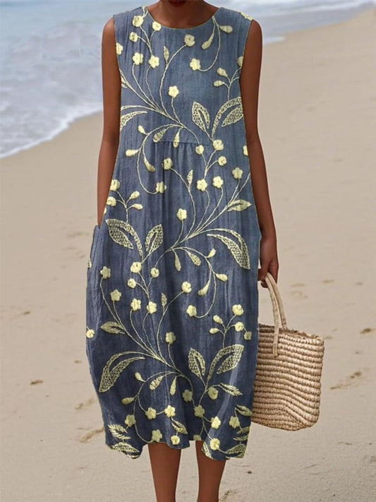 Elegant Midi Dress for Women Sleeveless Floral-Print Embroidered