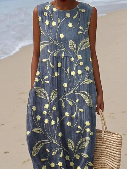 Elegant Midi Dress for Women Sleeveless Floral-Print Embroidered
