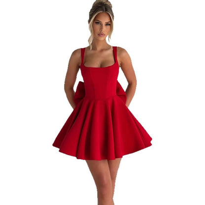 Elegant Mini Dress for Women Square-Neck Oversized-Bow A-Line