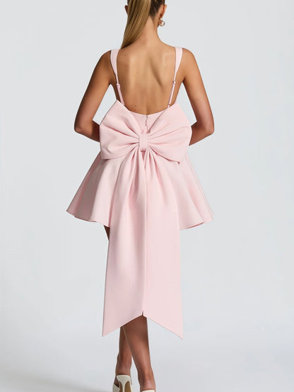 Elegant Mini Dress for Women Square-Neck Oversized-Bow A-Line