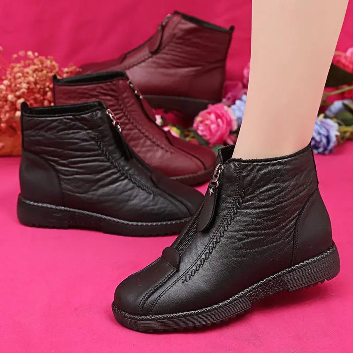 Comfortable Ankle Boots for Women Fleece-Lined Leather