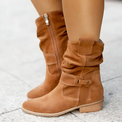 Comfortable Mid-Calf Boots for Women Slouchy Suede Block-Heel