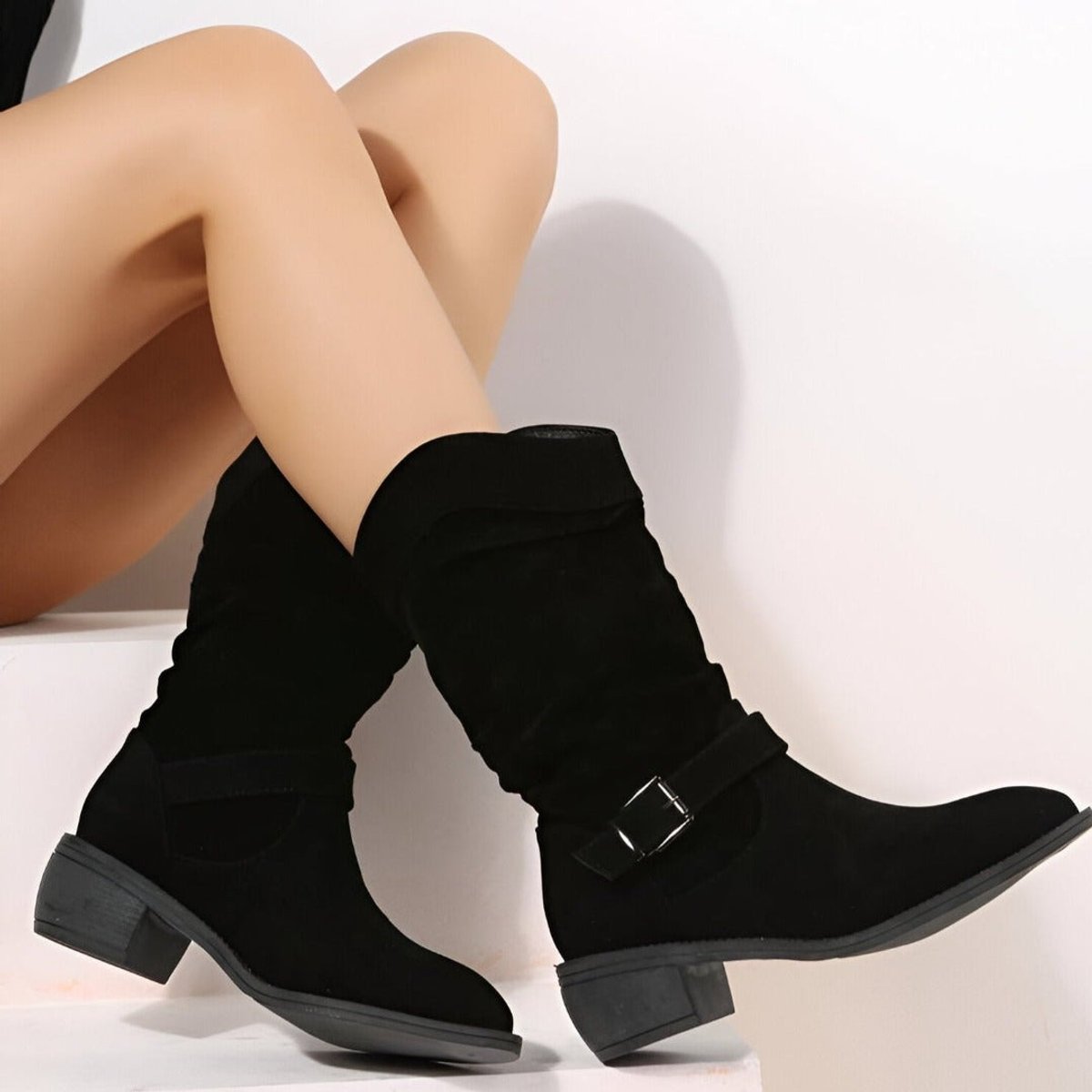 Comfortable Mid-Calf Boots for Women Slouchy Suede Block-Heel