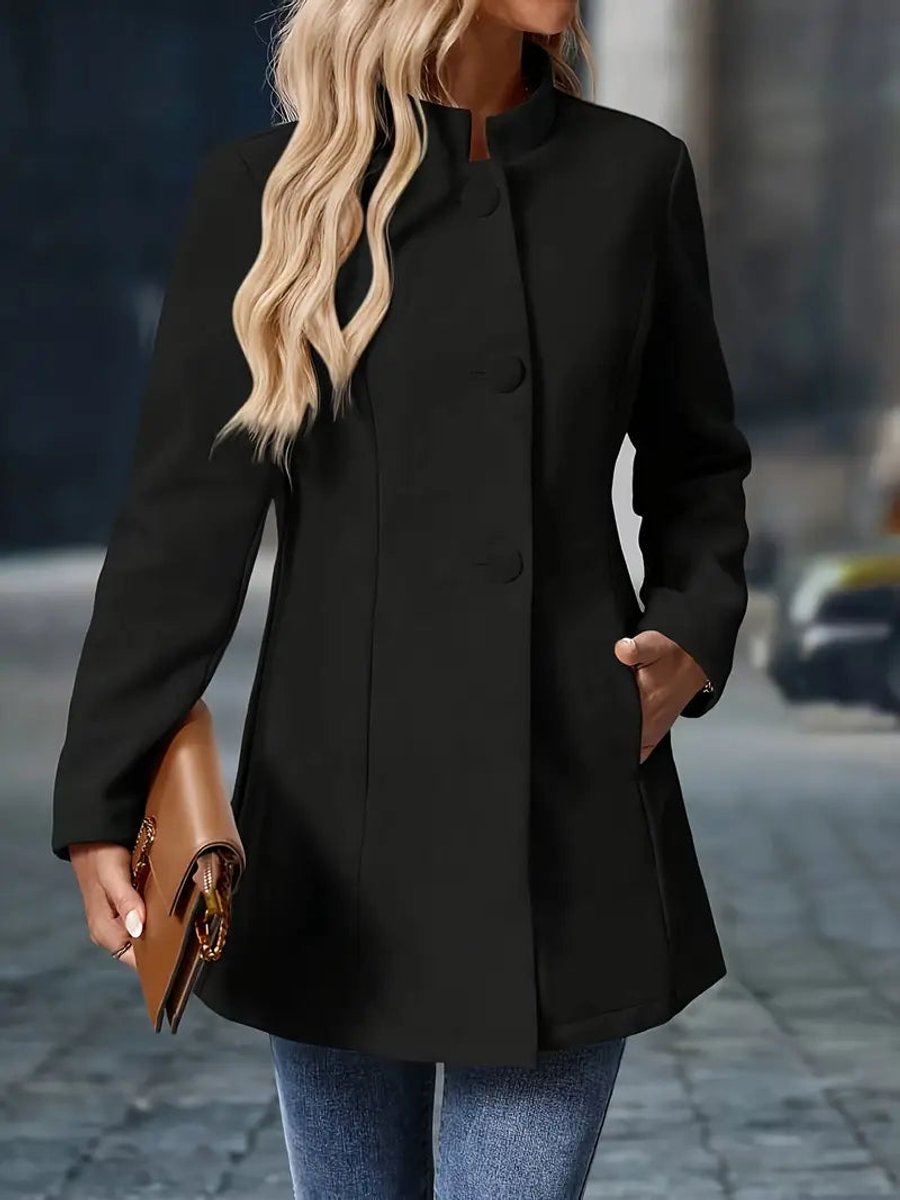 Elegant Longline Blazer Coat for Women Stand-Collar Button-Front