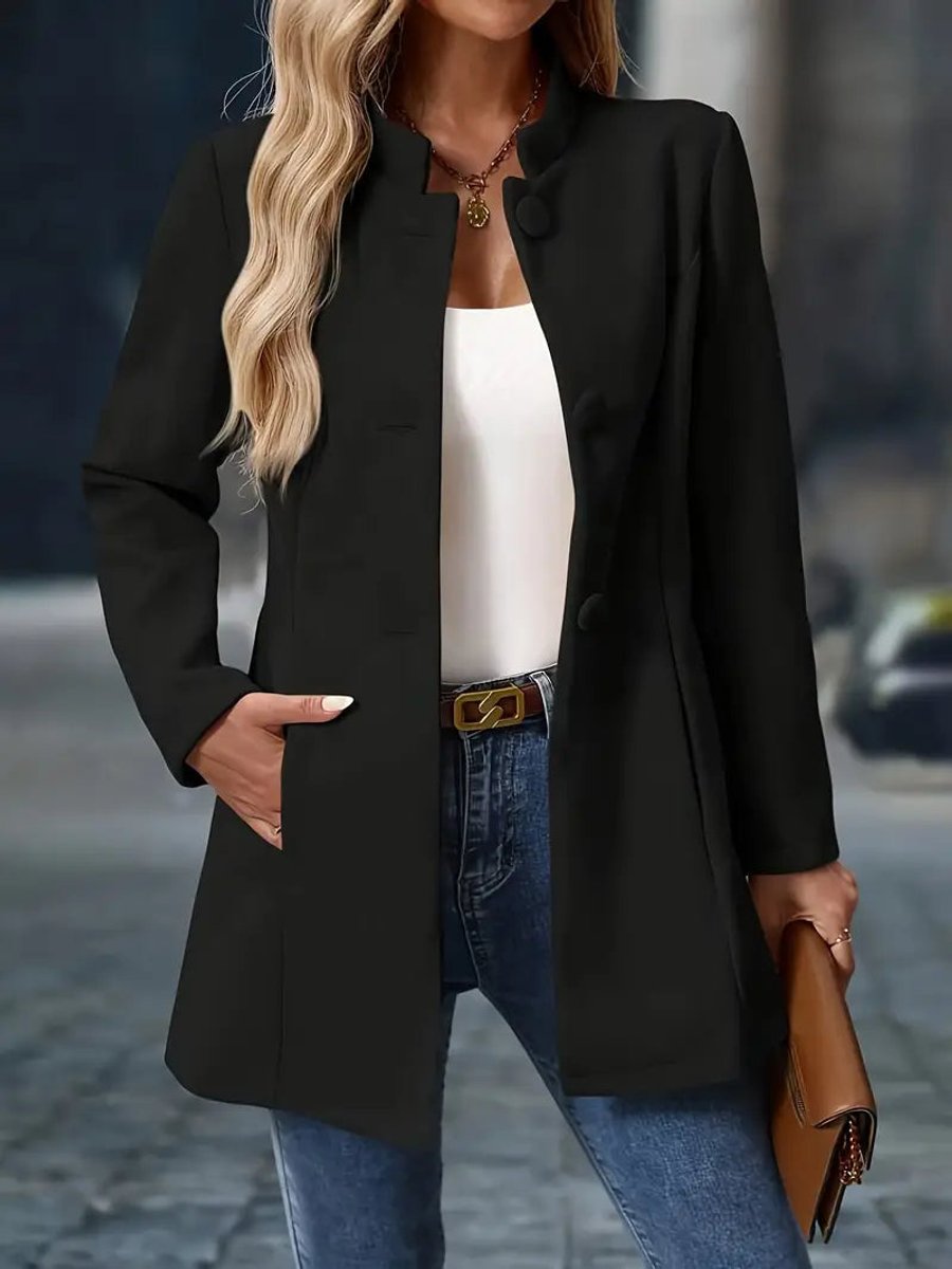 Elegant Longline Blazer Coat for Women Stand-Collar Button-Front