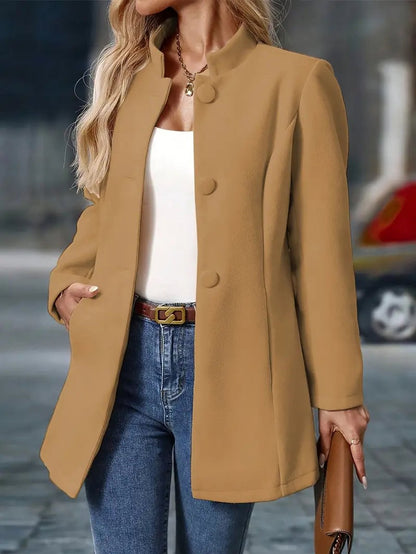 Elegant Longline Blazer Coat for Women Stand-Collar Button-Front