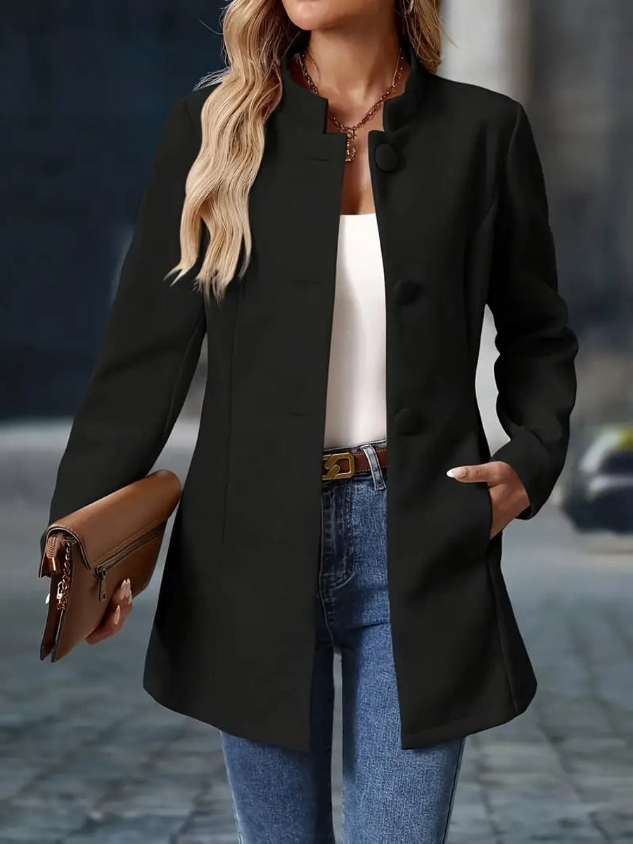 Elegant Longline Blazer Coat for Women Stand-Collar Button-Front
