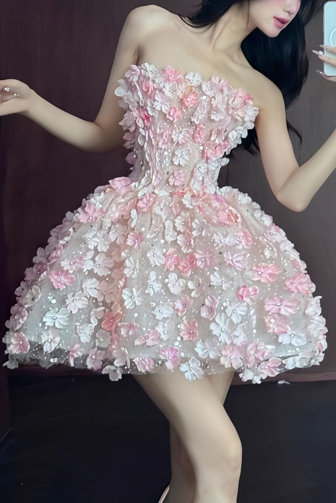Elegant Mini Dress for Women Strapless Floral Embellished