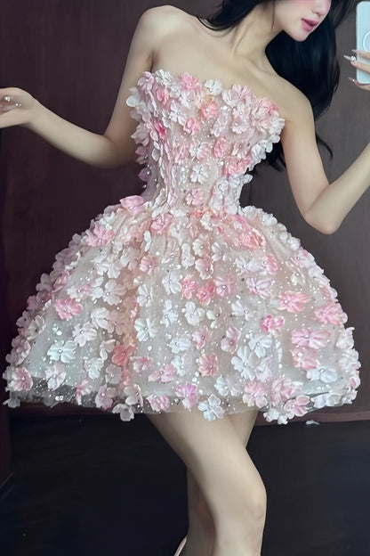 Elegant Mini Dress for Women Strapless Floral Embellished