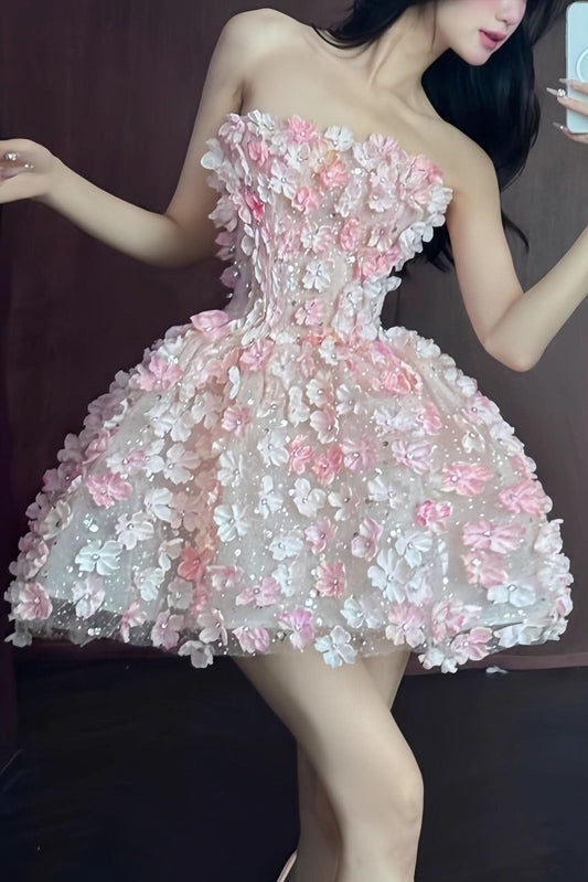 Elegant Mini Dress for Women Strapless Floral Embellished