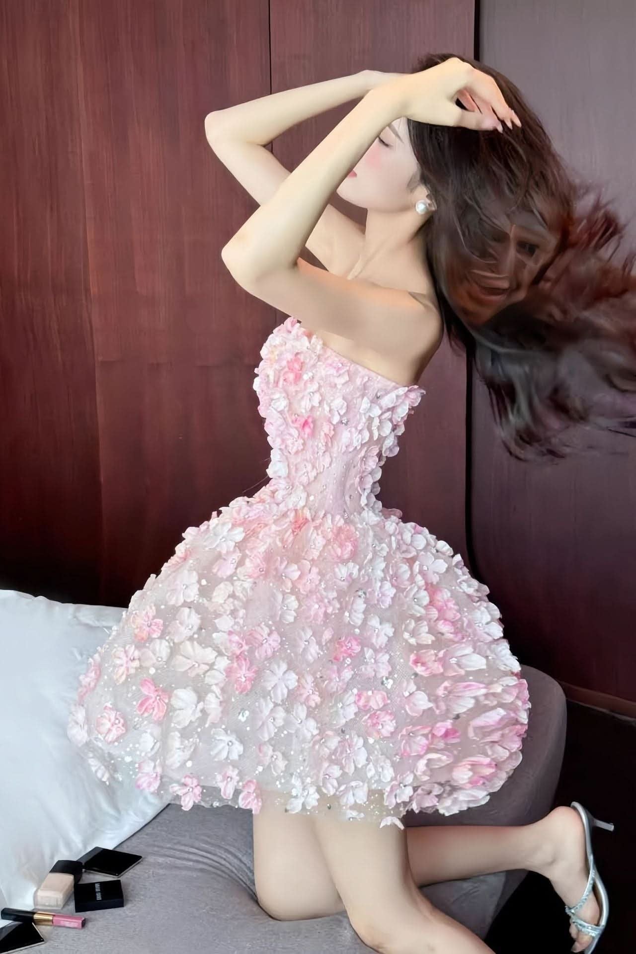 Elegant Mini Dress for Women Strapless Floral Embellished