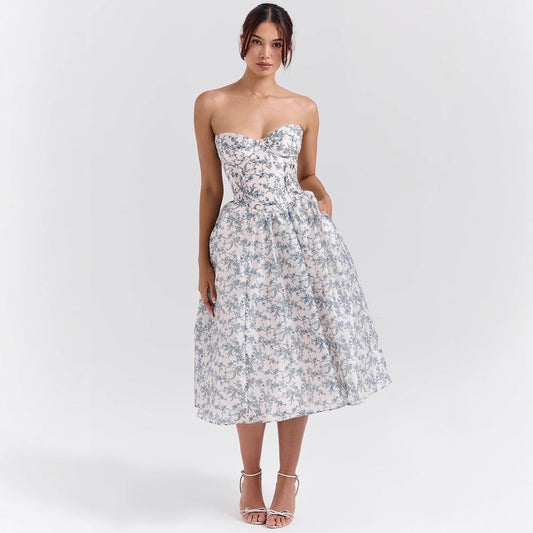 Elegant Midi Dress for Women Strapless Corset Floral-Print