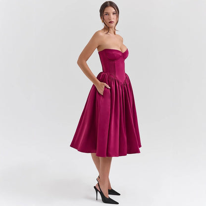 Elegant Midi Dress for Women Strapless Corset Floral-Print