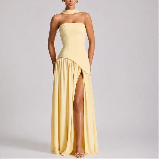 Elegant Maxi Dress for Women Strapless Open-Back Scarf-Neck