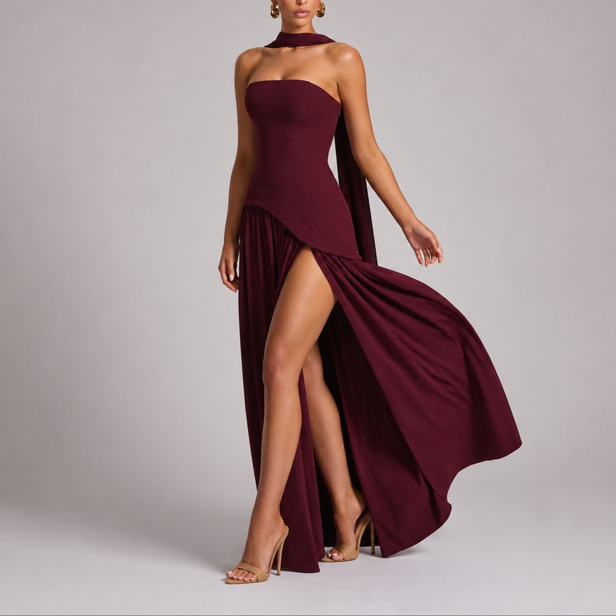 Elegant Maxi Dress for Women Strapless Open-Back Scarf-Neck