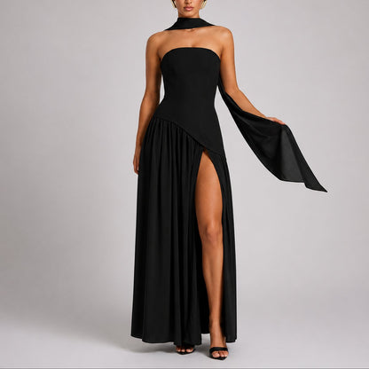 Elegant Maxi Dress for Women Strapless Open-Back Scarf-Neck