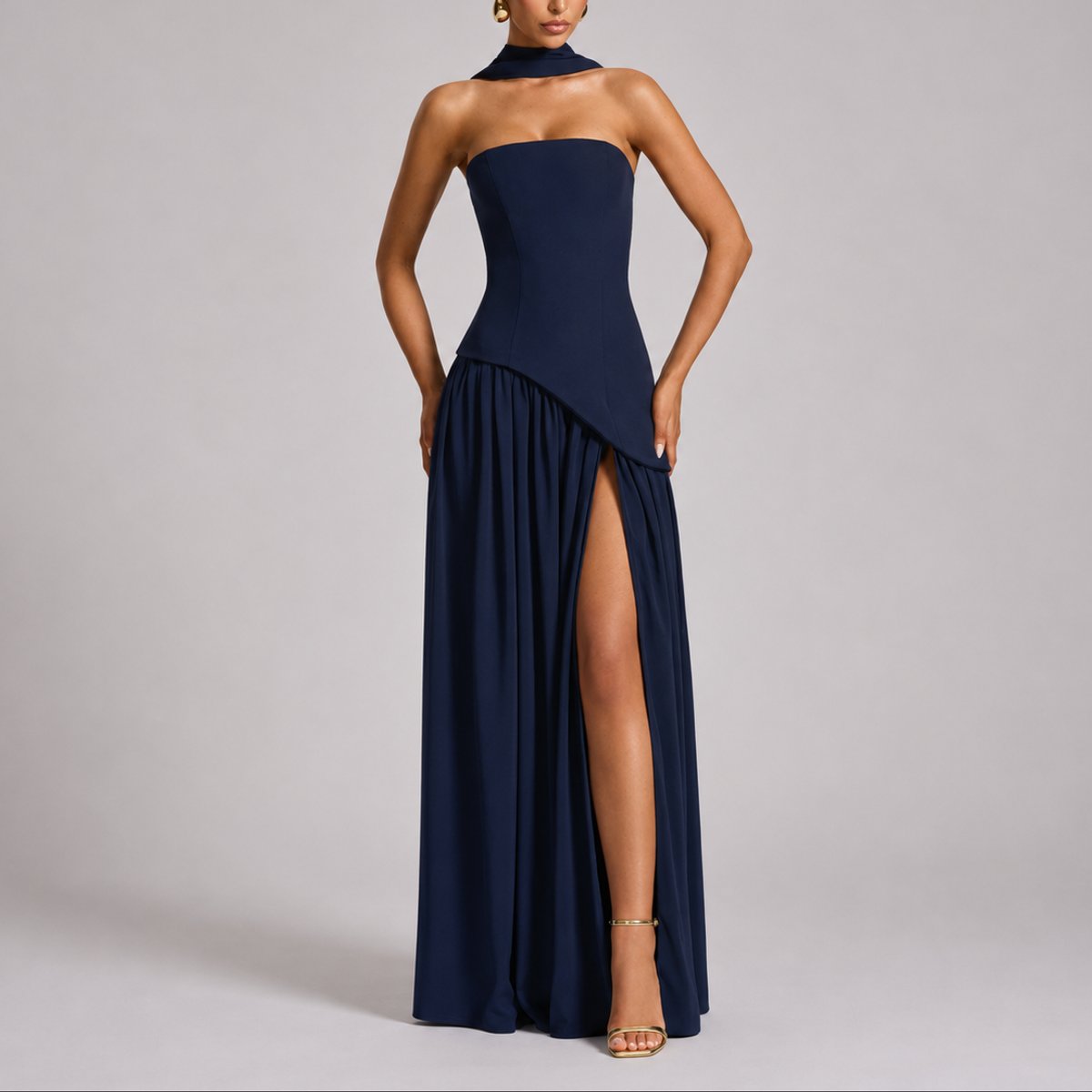 Elegant Maxi Dress for Women Strapless Open-Back Scarf-Neck