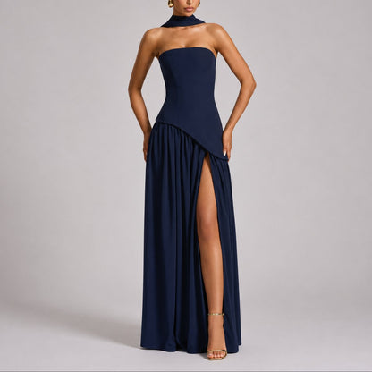 Elegant Maxi Dress for Women Strapless Open-Back Scarf-Neck
