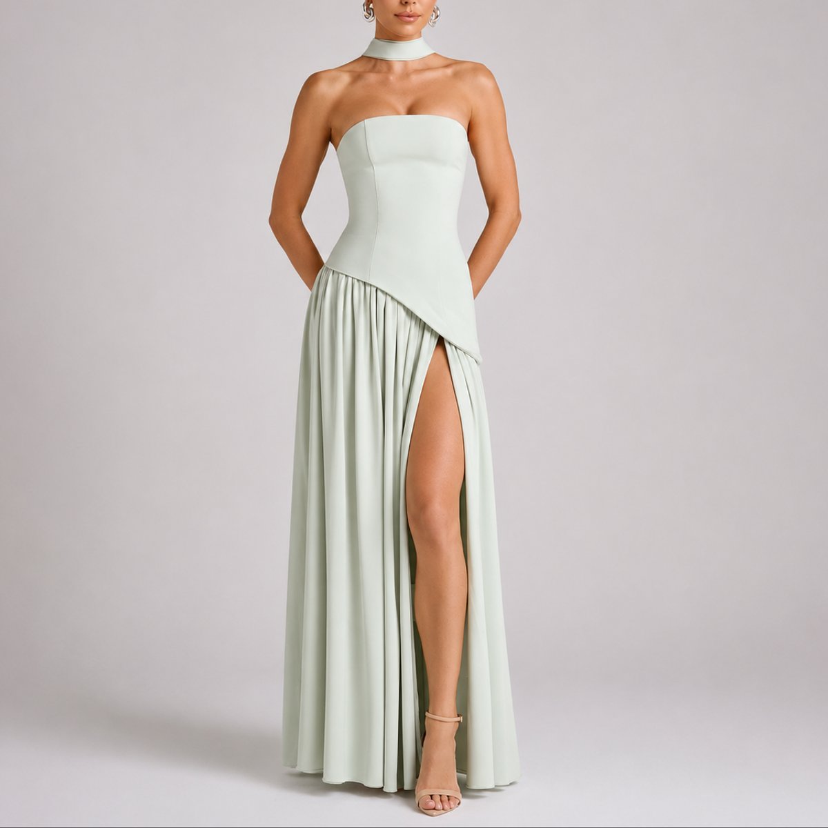 Elegant Maxi Dress for Women Strapless Open-Back Scarf-Neck