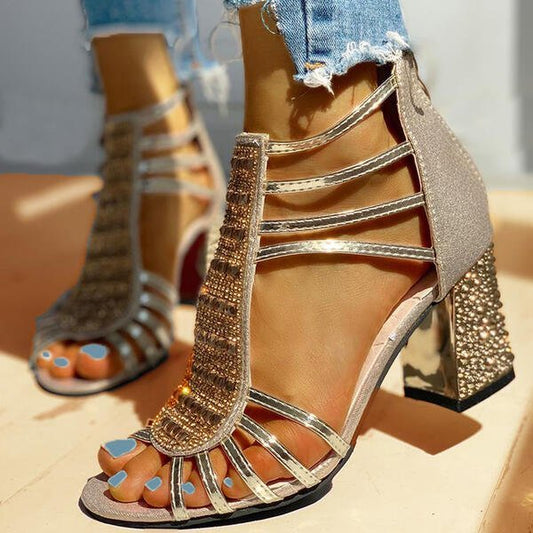 Comfortable Sandals for Women Strappy Rhinestone Block-Heel