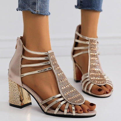 Comfortable Sandals for Women Strappy Rhinestone Block-Heel