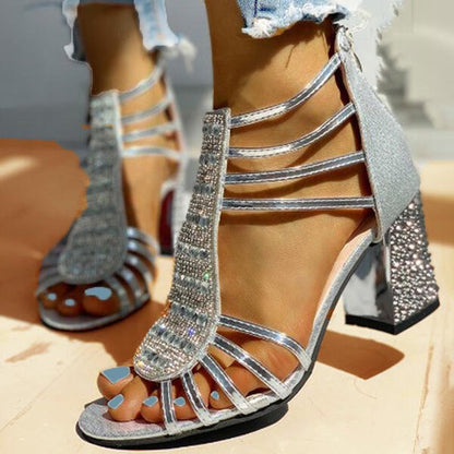 Comfortable Sandals for Women Strappy Rhinestone Block-Heel