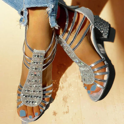 Comfortable Sandals for Women Strappy Rhinestone Block-Heel