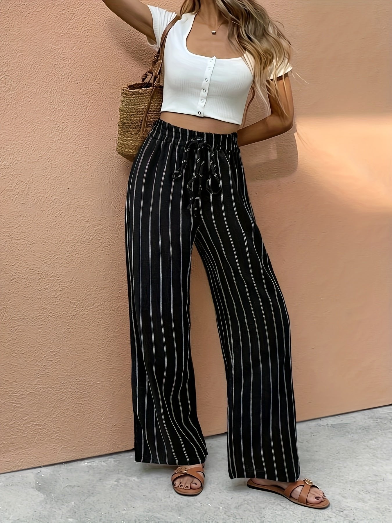 Effortless Wide Leg Pants for Women High-Waist Striped Drawstring
