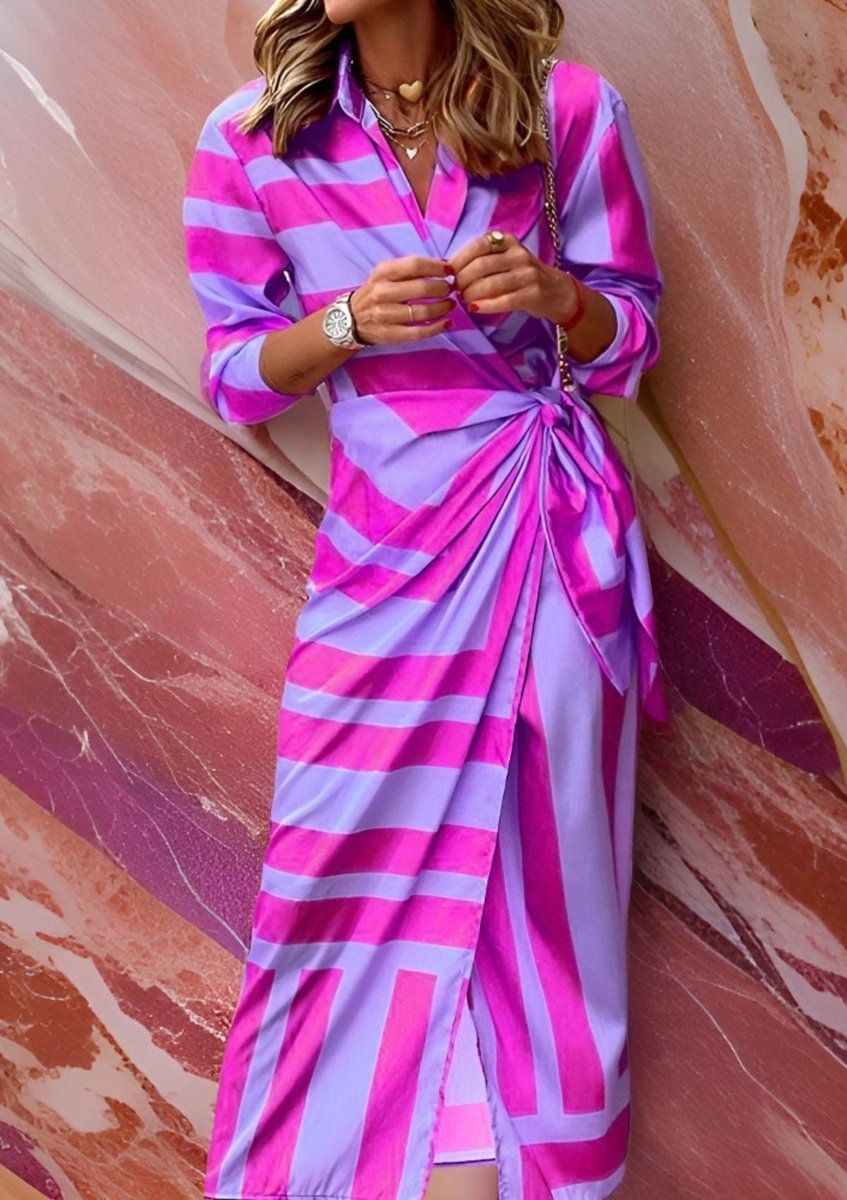 Stylish Wrap Maxi Dress for Women Striped Long-Sleeve