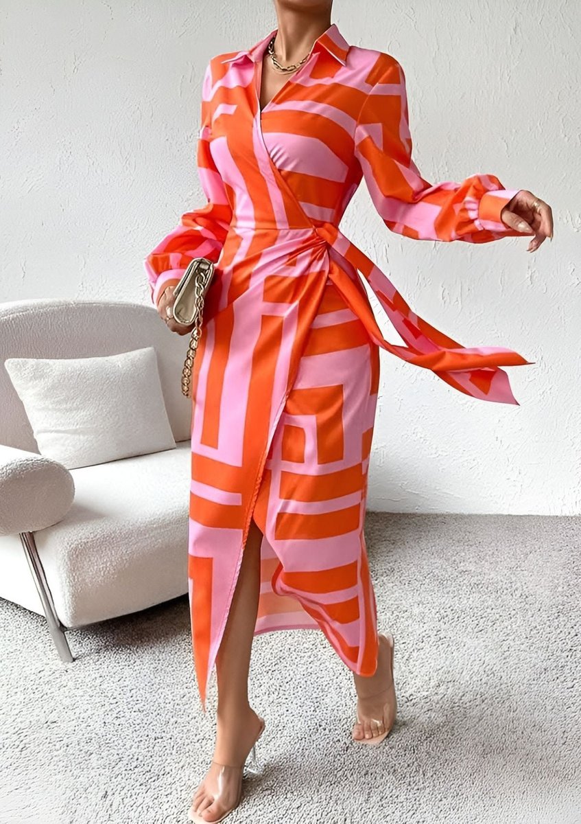 Stylish Wrap Maxi Dress for Women Striped Long-Sleeve