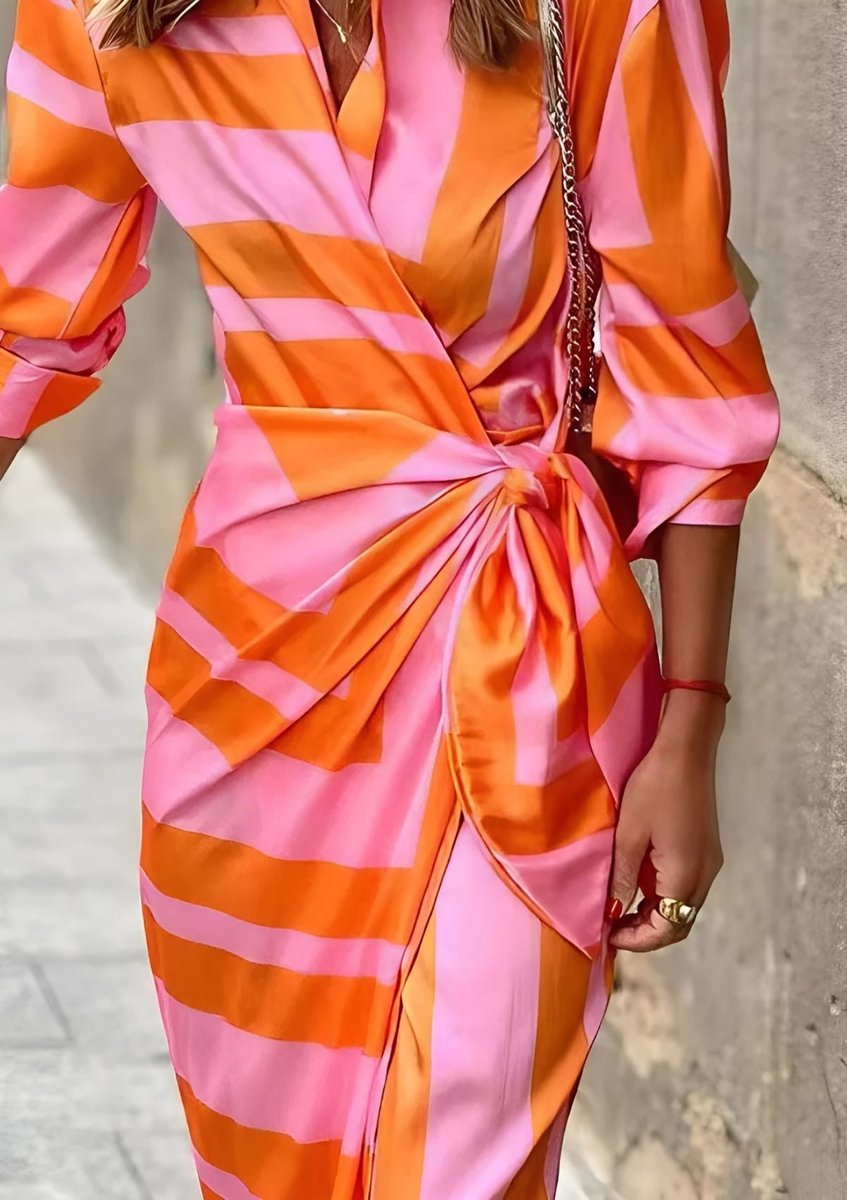 Stylish Wrap Maxi Dress for Women Striped Long-Sleeve