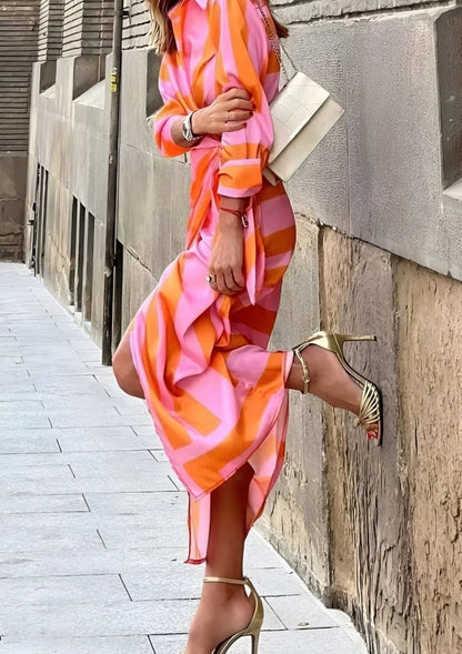 Stylish Wrap Maxi Dress for Women Striped Long-Sleeve