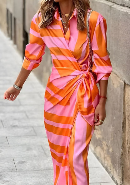 Stylish Wrap Maxi Dress for Women Striped Long-Sleeve