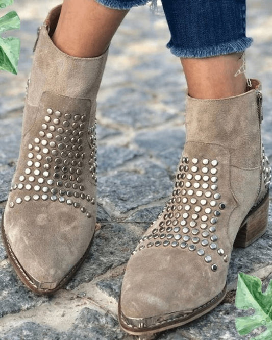 Stylish Ankle Boots for Women Studded Suede Block-Heel