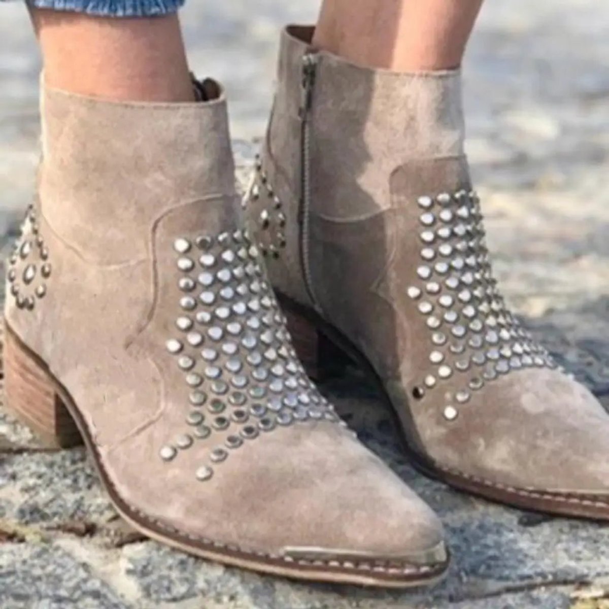 Stylish Ankle Boots for Women Studded Suede Block-Heel