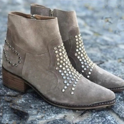 Stylish Ankle Boots for Women Studded Suede Block-Heel