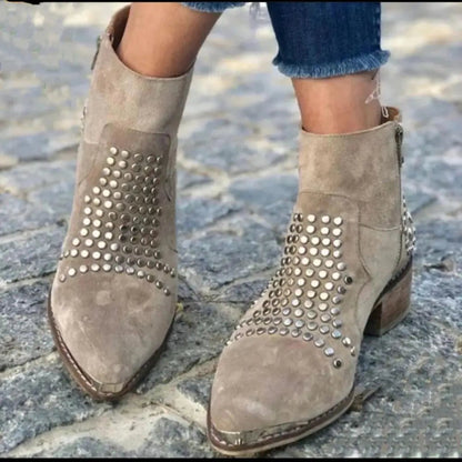 Stylish Ankle Boots for Women Studded Suede Block-Heel