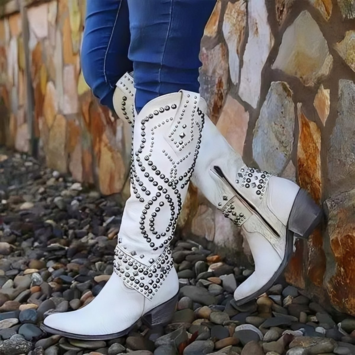 Stylish Knee-High Boots for Women Studded Western Pointed-Toe