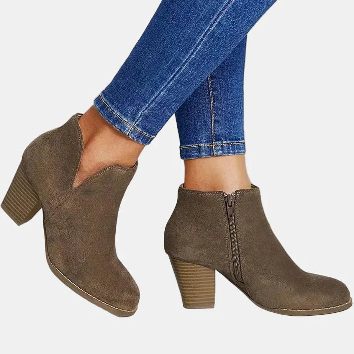 Elegant Ankle Boots for Women Suede Block-Heel Side-Zip
