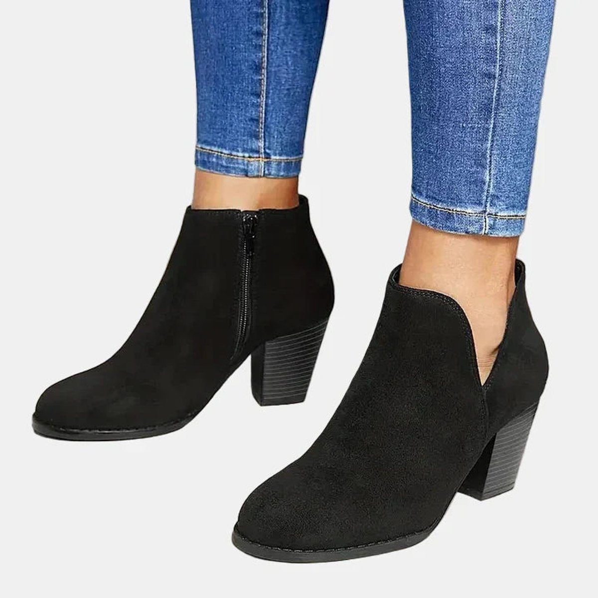 Elegant Ankle Boots for Women Suede Block-Heel Side-Zip