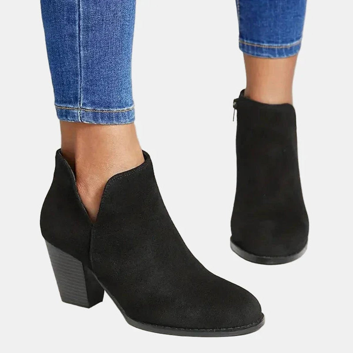 Elegant Ankle Boots for Women Suede Block-Heel Side-Zip