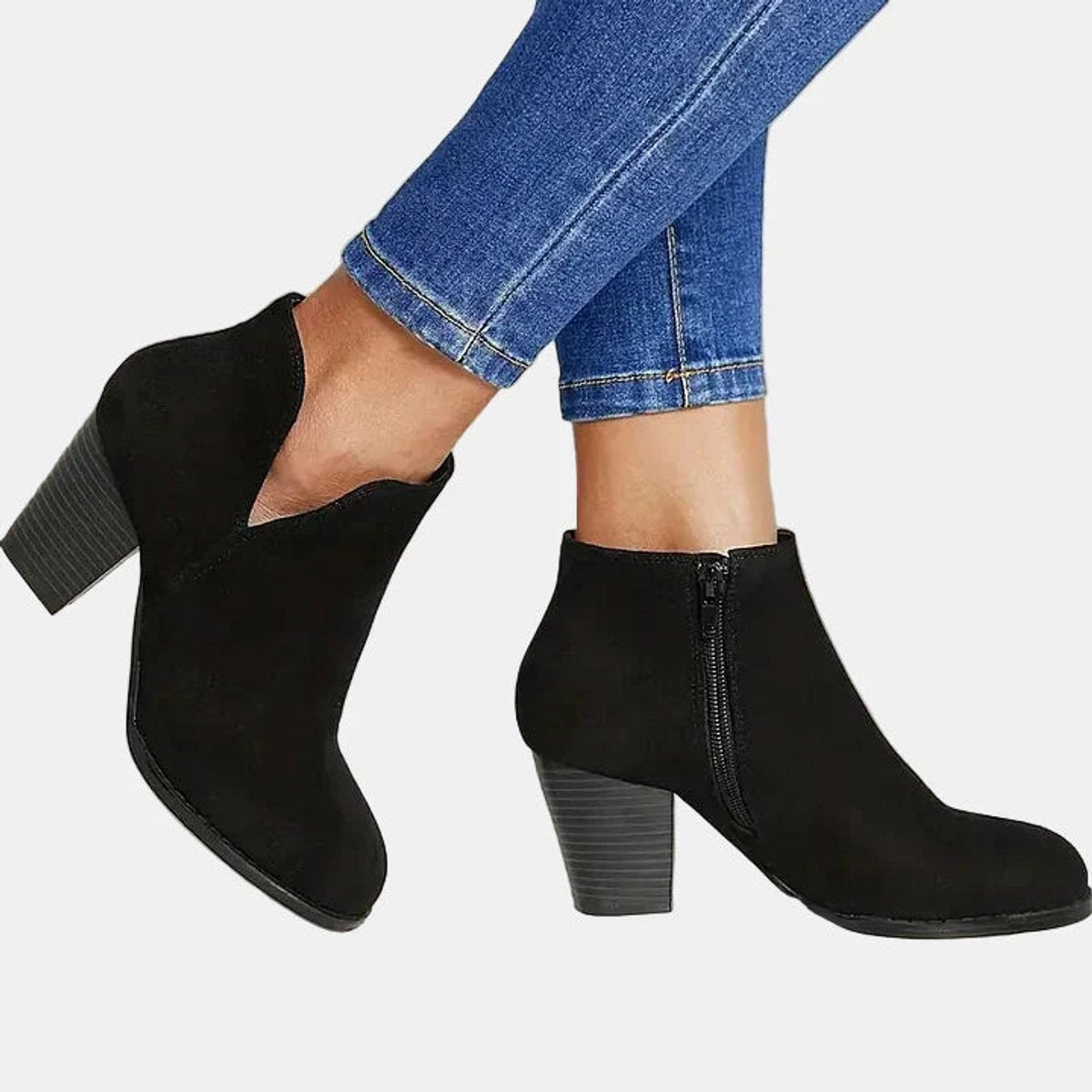Elegant Ankle Boots for Women Suede Block-Heel Side-Zip