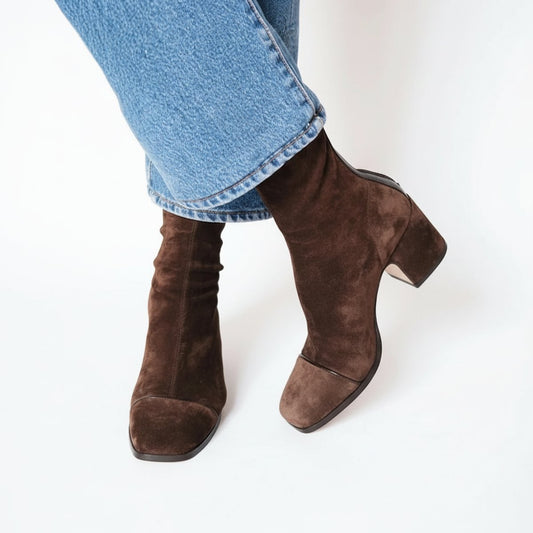 Elegant Ankle Boots for Women Suede Square-Toe Block-Heel
