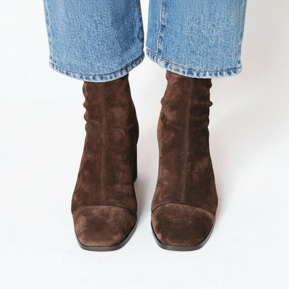 Elegant Ankle Boots for Women Suede Square-Toe Block-Heel