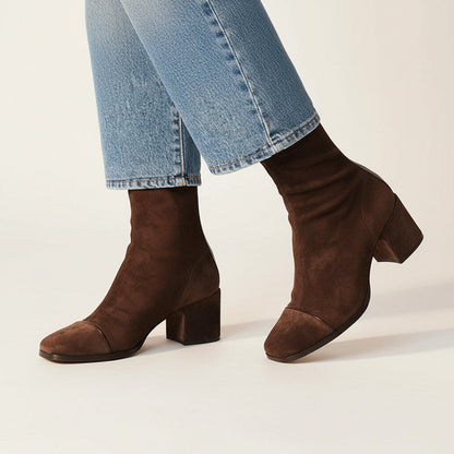 Elegant Ankle Boots for Women Suede Square-Toe Block-Heel