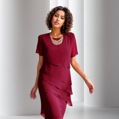Elegant Midi Dress for Women Tiered Short-Sleeve