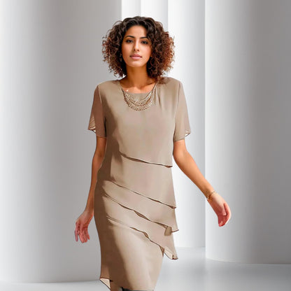 Elegant Midi Dress for Women Tiered Short-Sleeve