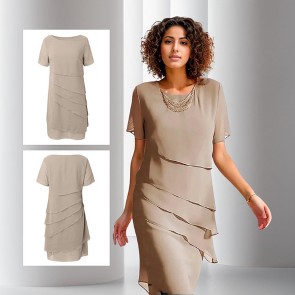 Elegant Midi Dress for Women Tiered Short-Sleeve