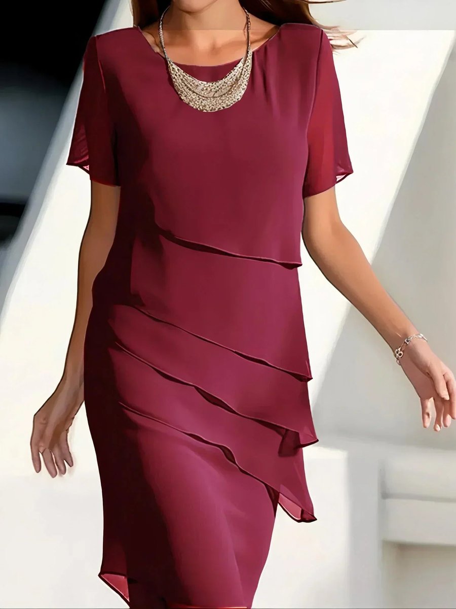 Elegant Midi Dress for Women Tiered Short-Sleeve